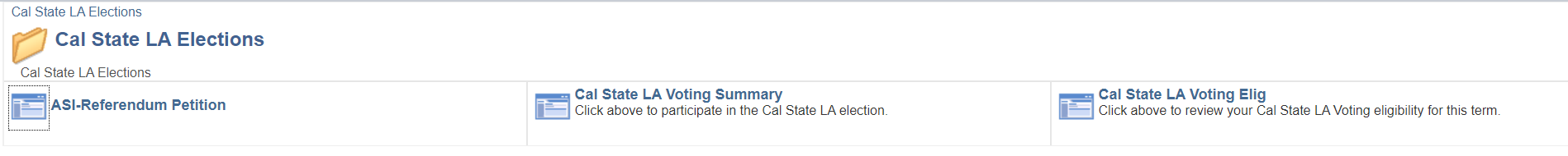 Voting options are ASI referendum petition, Cal State LA voting summary, and Cal State LA voting eligibility