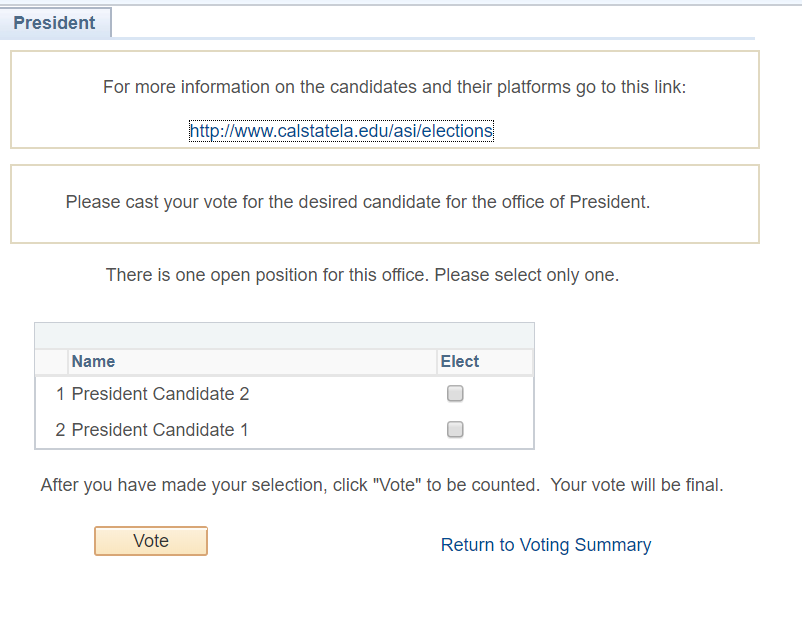 The top indicates what position you are voting for. Underneath are two columns of information; on the left are names of the candidates for that position, and on the right is a check box for users to select their choice.